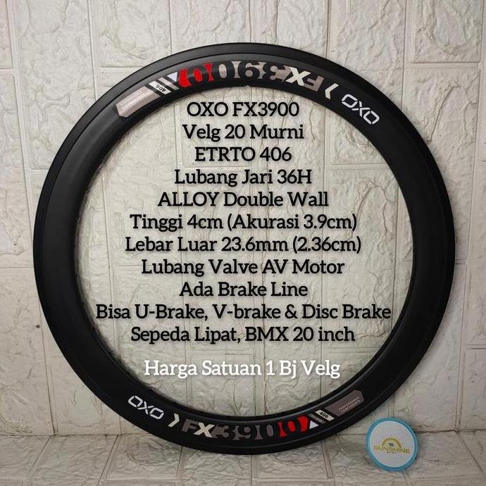 Velg Rims BMX 20 36H OXO FX3900 Murni ETRTO 406 Lubang 36 Hole Alloy Double Wall 4cm Valve AV Sepeda