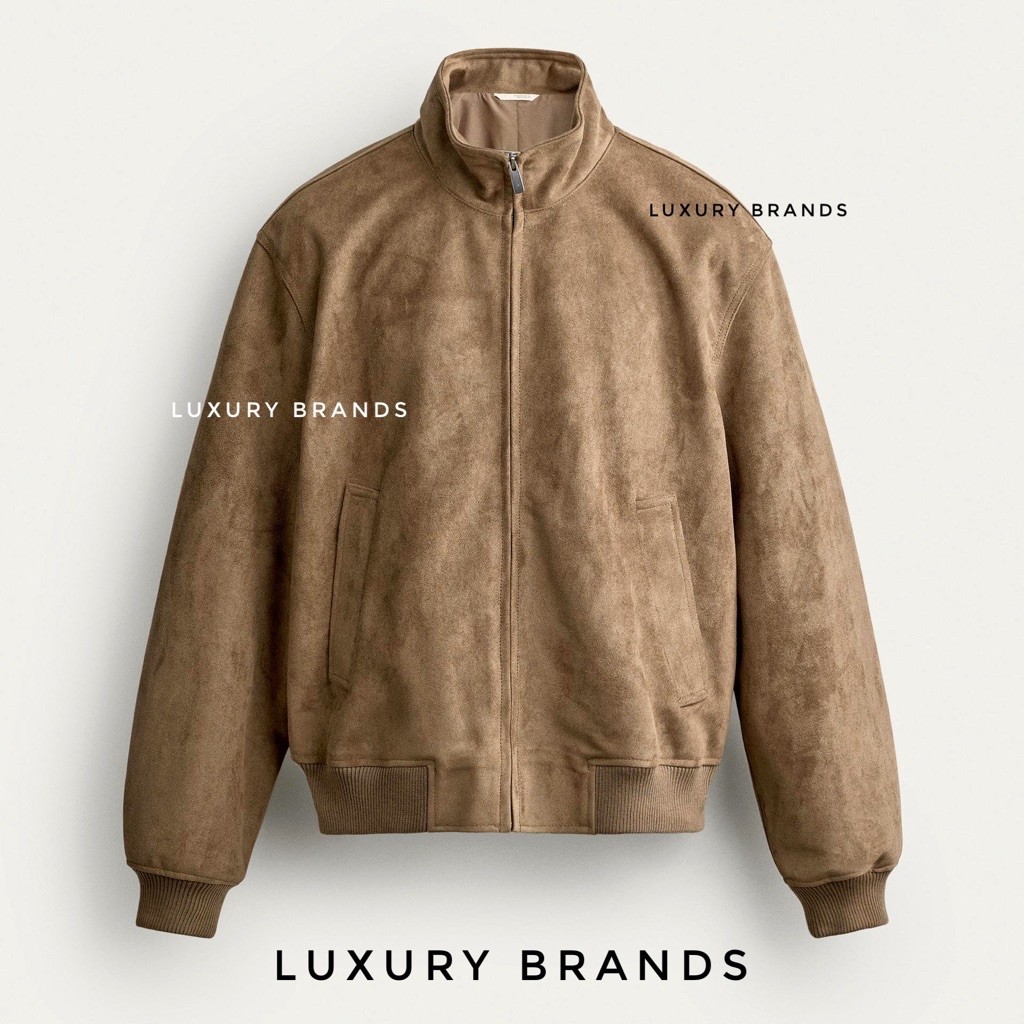 Jaket Bomber ZARA Man Original Regular Fit Faux Suede Bomber Jacket Beige