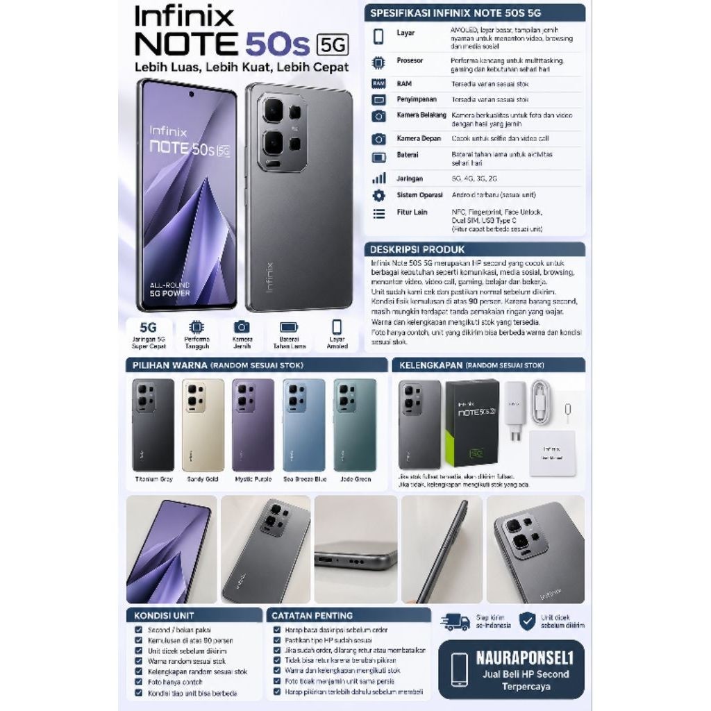 INFINIX NOTE 50 S 5G RAM 8/256 GB SECOND BEKAS NO MINUS GARANSI