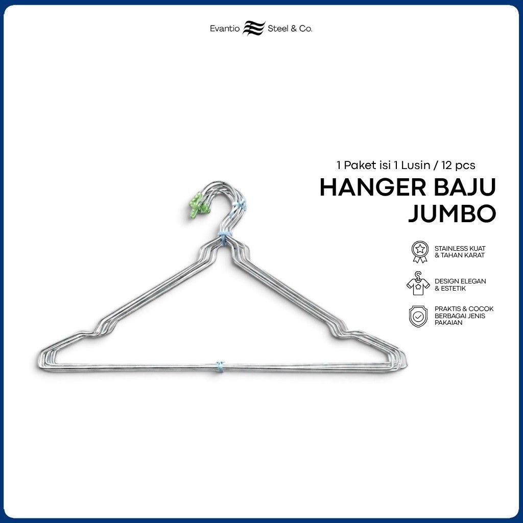 [1 Lusin] Hanger Jumbo Kawat Stainless / Gantungan Baju / Pengering Baju / Houseware