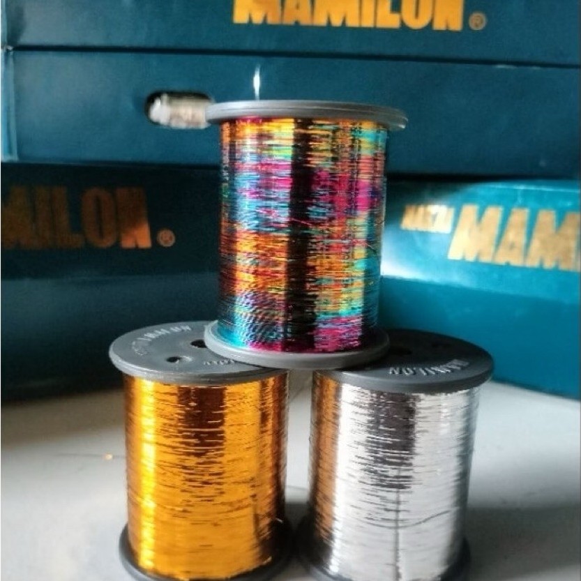 Benang Mamilon Jepang Metalik Gepeng Pipih Tiga Warna Emas Silver Pelangi /Rol