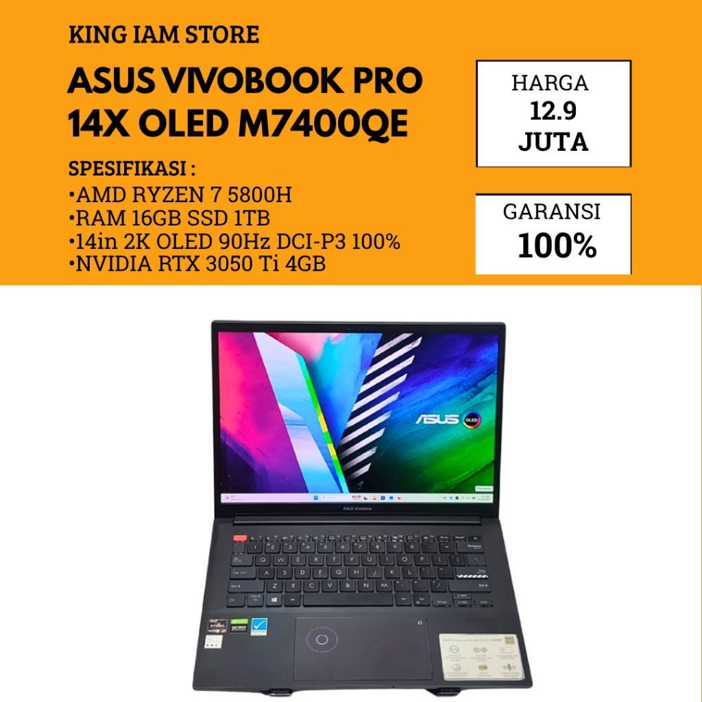 Laptop ASUS Vivobook Pro 14X OLED M7400QE AMD Ryzen 7 5800H RAM 16GB SSD 1TB RTX 3050 Ti 4GB LAYAR O