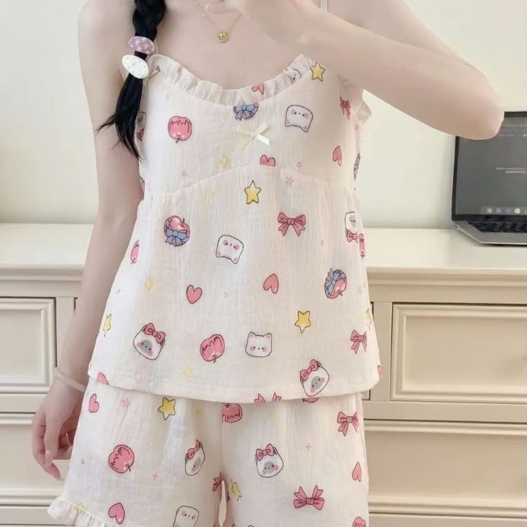 Sleepwear Wanita Tali Kecil Setelan Pendek Cup Bra Lembut Nyaman Casual