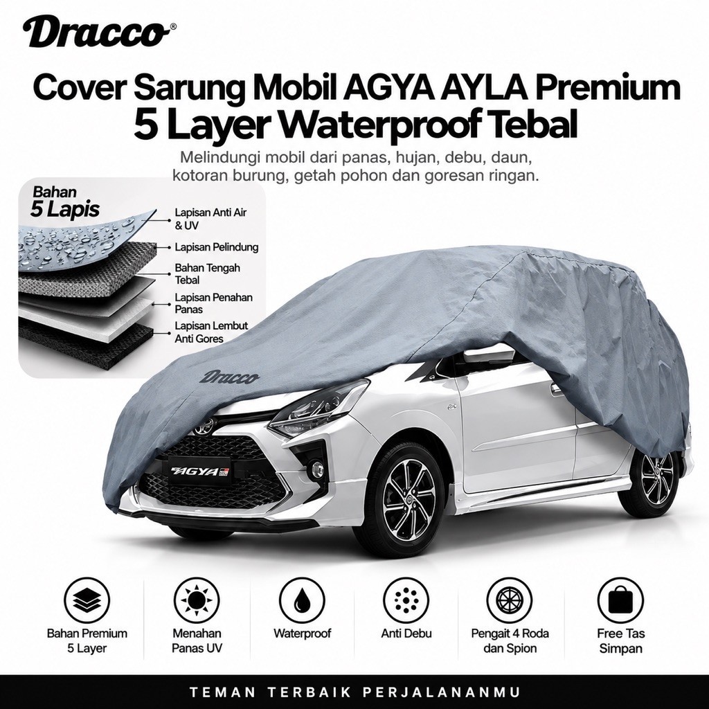 DRACCO Sarung Mobil Agya Ayla Premium 5 Layer Waterproof Tebal Anti UV Cover Mobil + Tas Simpan