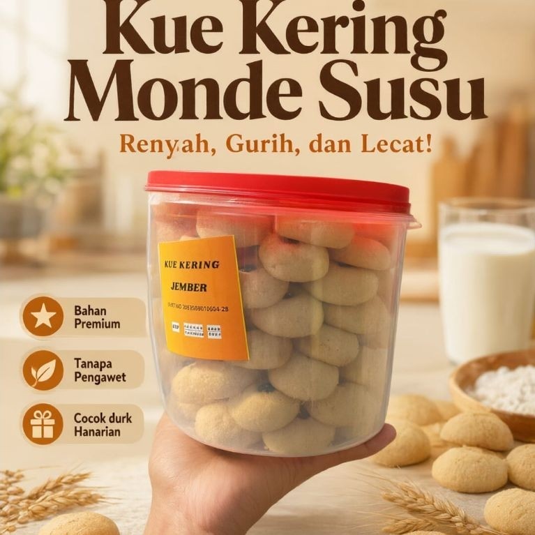 Kue Kering Monde Susu Jember dalam Toples Transparan Renyah Gurih dan Lecat