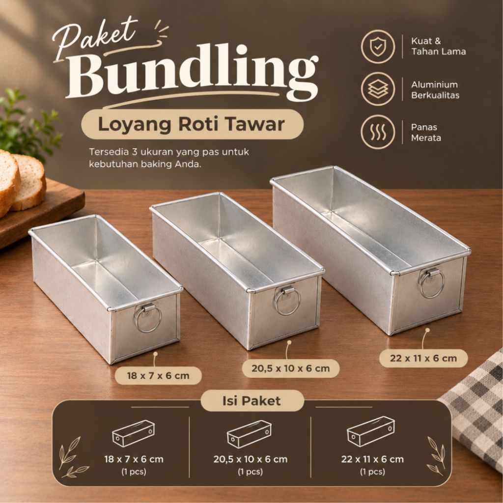 Bundling Loyang Roti Tawar 3 Ukuran Aluminium Tebal 22x11,20,5x10 dan 18x7 Cm