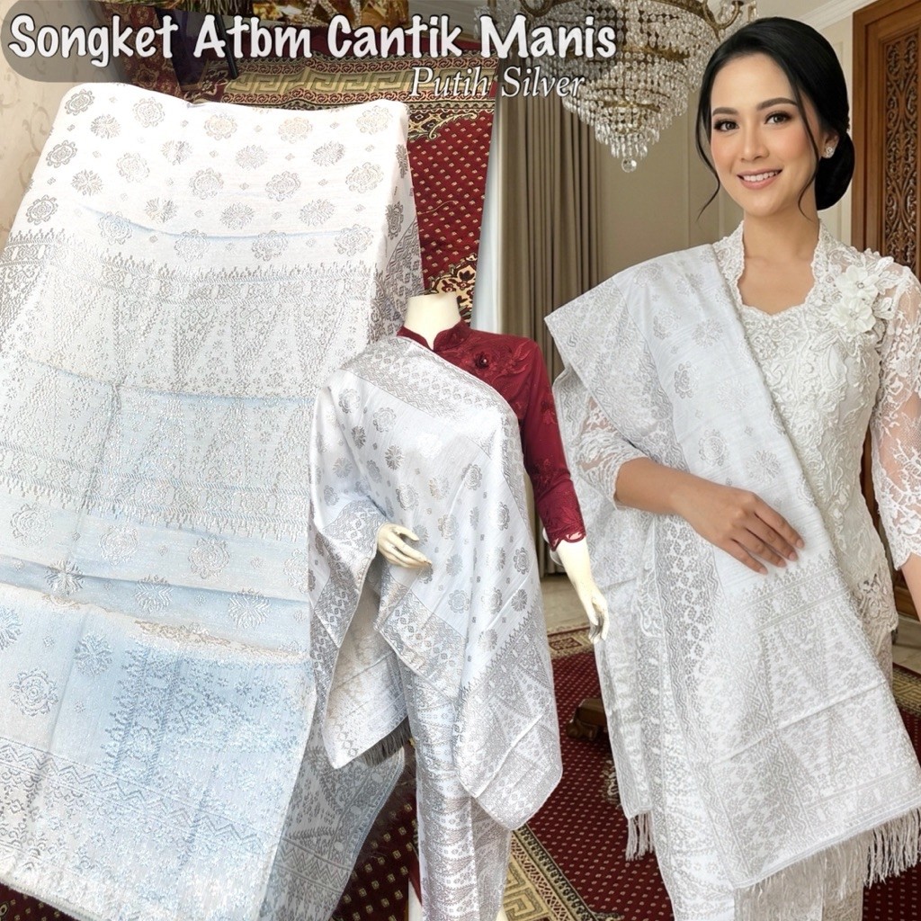 Songket Murah Putih Silver / Songket ATBM songket Tenun Mesin palembang /Songket pengantin