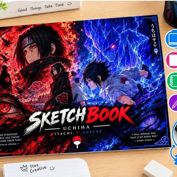 Sketchbook Itachi Sasuke A4 20 Lembar 100 GSM | Buku Gambar Anime Naruto Spiral Ring