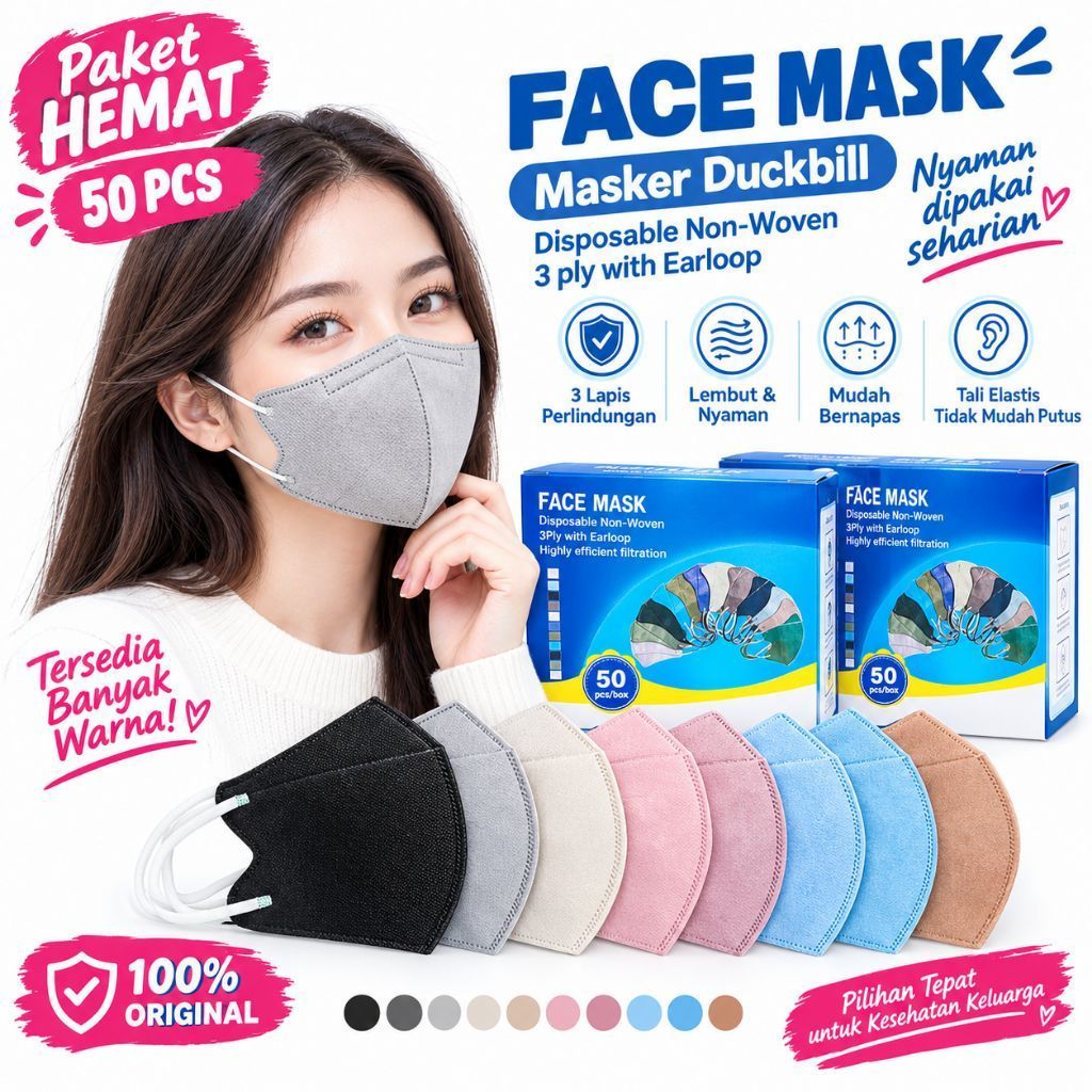 Masker Duckbill 50 Pcs Tebal Warna Warni Nyaman || Masker Duckbill 50 Pcs