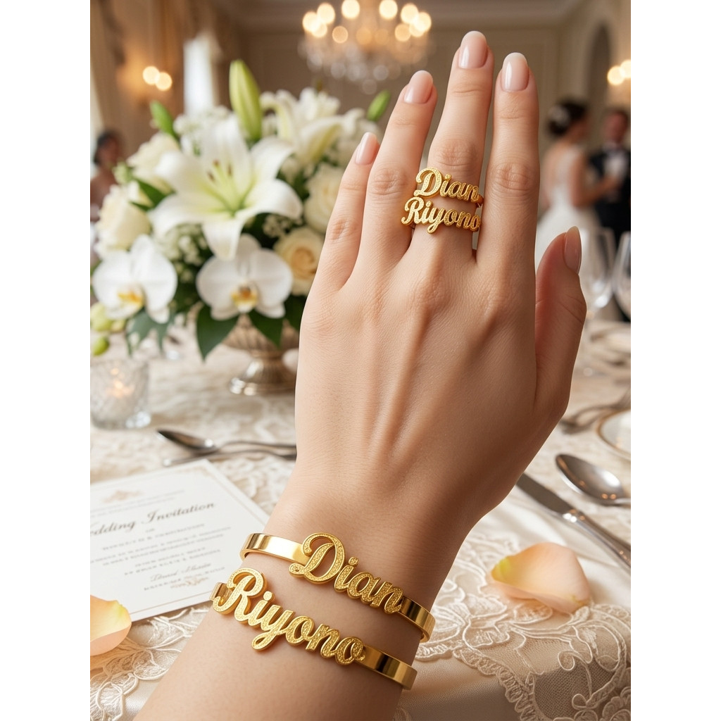 gelang dan cincin nama model tumpuk bisa request nama sendiri