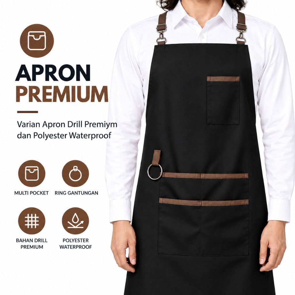 Apron Masak Celemek Barista / Celemek Hitam Polos Kain Cutton Drill