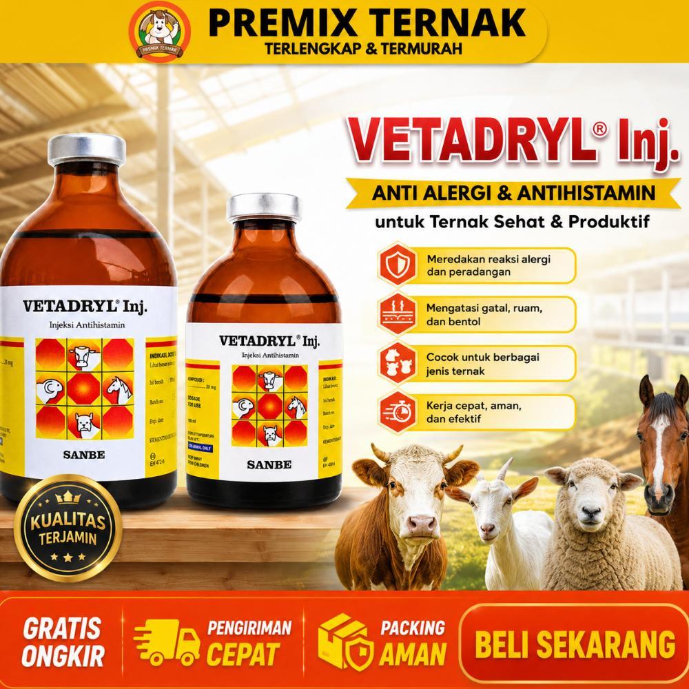 Vetadryl Inj 50Ml Vetadryl Inj 100Ml - Obat Hewan Antihistamin Ternak Sapi Kuda Kambing Babi Anjing