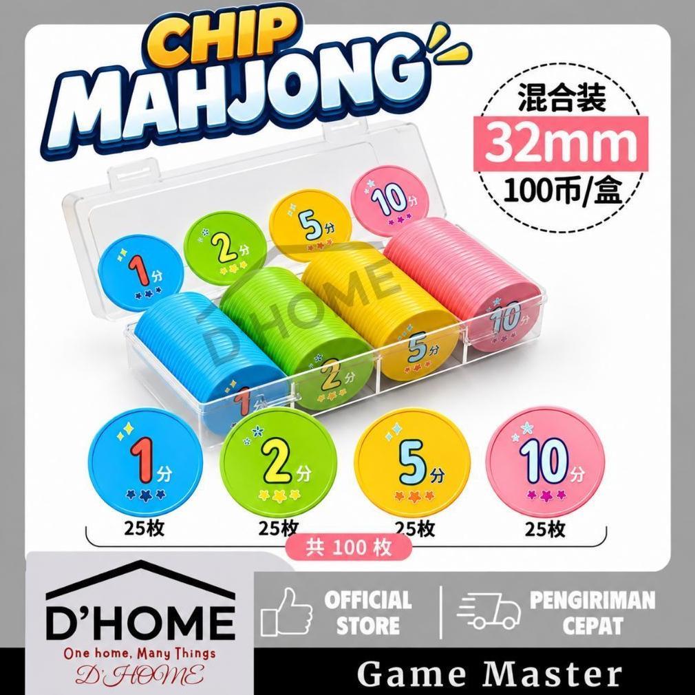 Beru CHIP MAHJONG 32MM 100PCS Koin Chip Permainan Mahjong Warna Warni + Box Penyimpanan