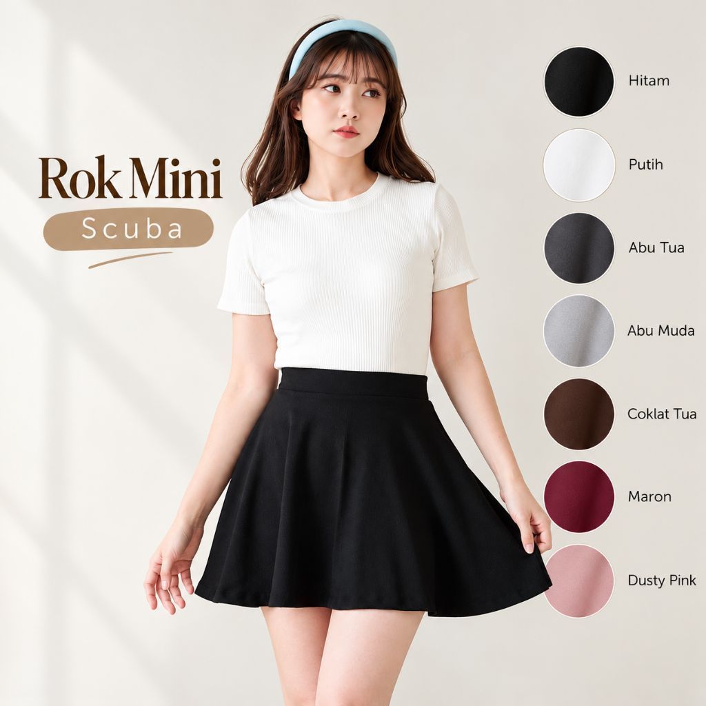 Rok Mini Scuba Wanita Model A Line High Waist Rok Pendek Flare Polos Kekinian