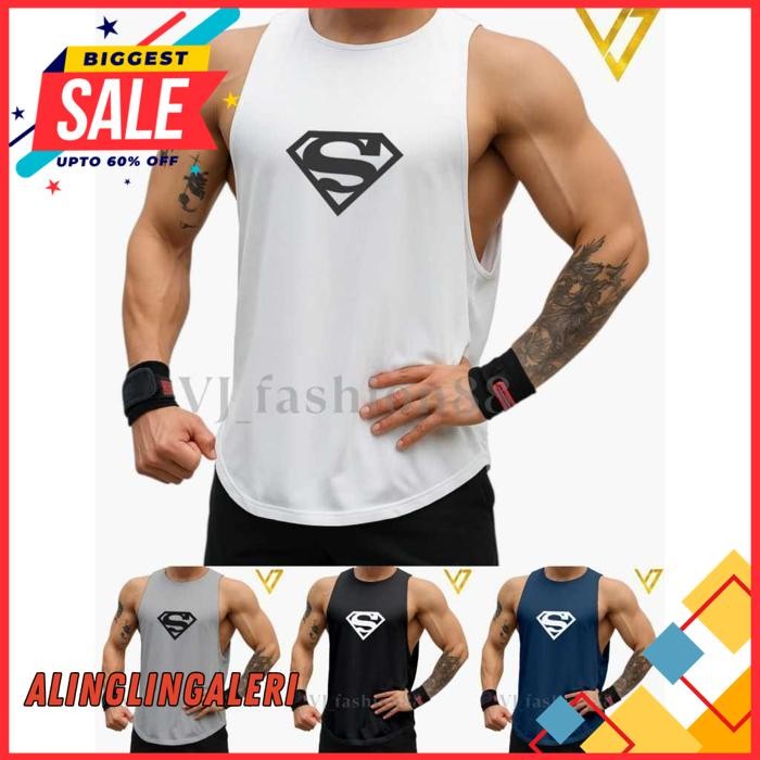 SINGLET TANKTOP PRIA HITAM BELAHAN LOW CUT MOTIF SUPERMAN PRODUK PILIHAN