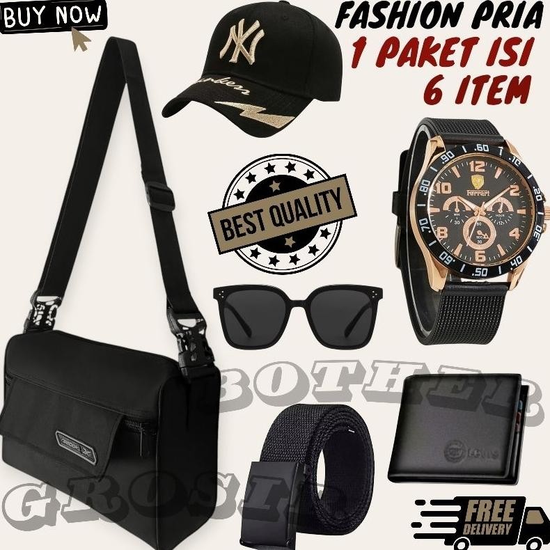 (Terbaru) Paket Fashion Pria Bundling 6in1 Jam Tangan Pria/Beli Jam Tangan Analog Pria Gratis Topi D
