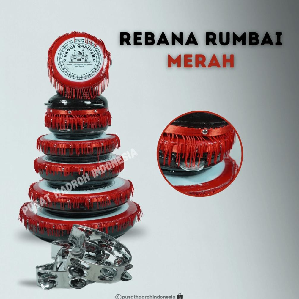 Rebana Qasidah Rumbai Merah 1 Set Isi 9 Alat Rebana Hadroh Banjari Terbangan Rumbai Fullset Susun 7 