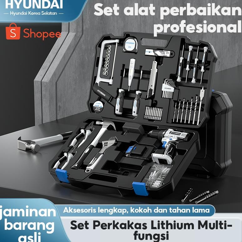 HYUNDAI Mesin Bor Listrik Set Lengkap Baterai Cordless Alat Tukang Tool Kit Tang Obeng Palu Kunci Pa
