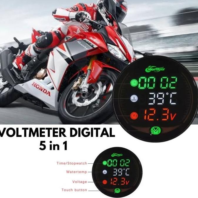BEBAS ONGKIR - Voltmeter Digital Bulat Motor 4 in Jam Suhu Aki Motor