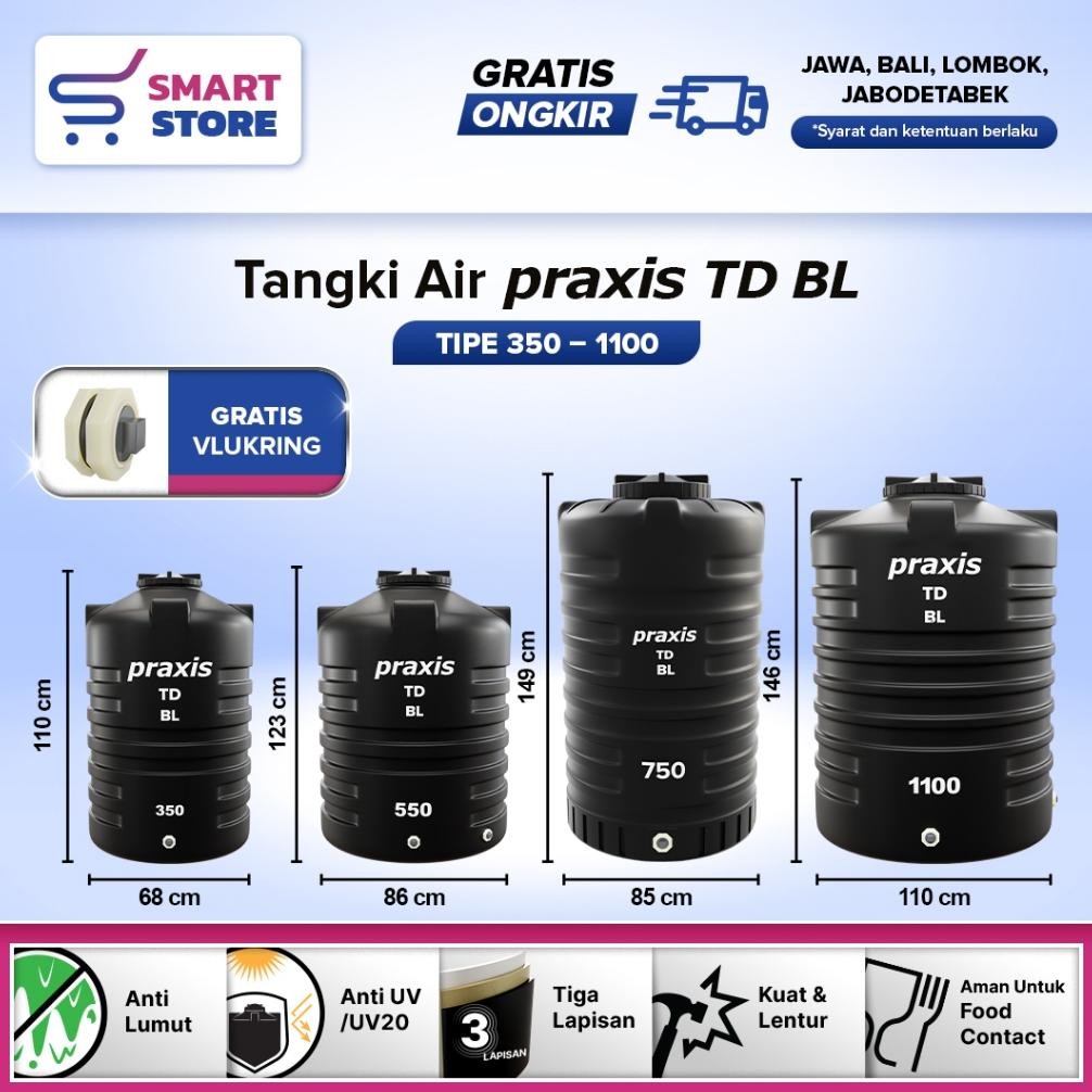 Tandon Toren Tangki Air PRAXIS 350-1100L Anti Lumut Termurah Dan Kuat