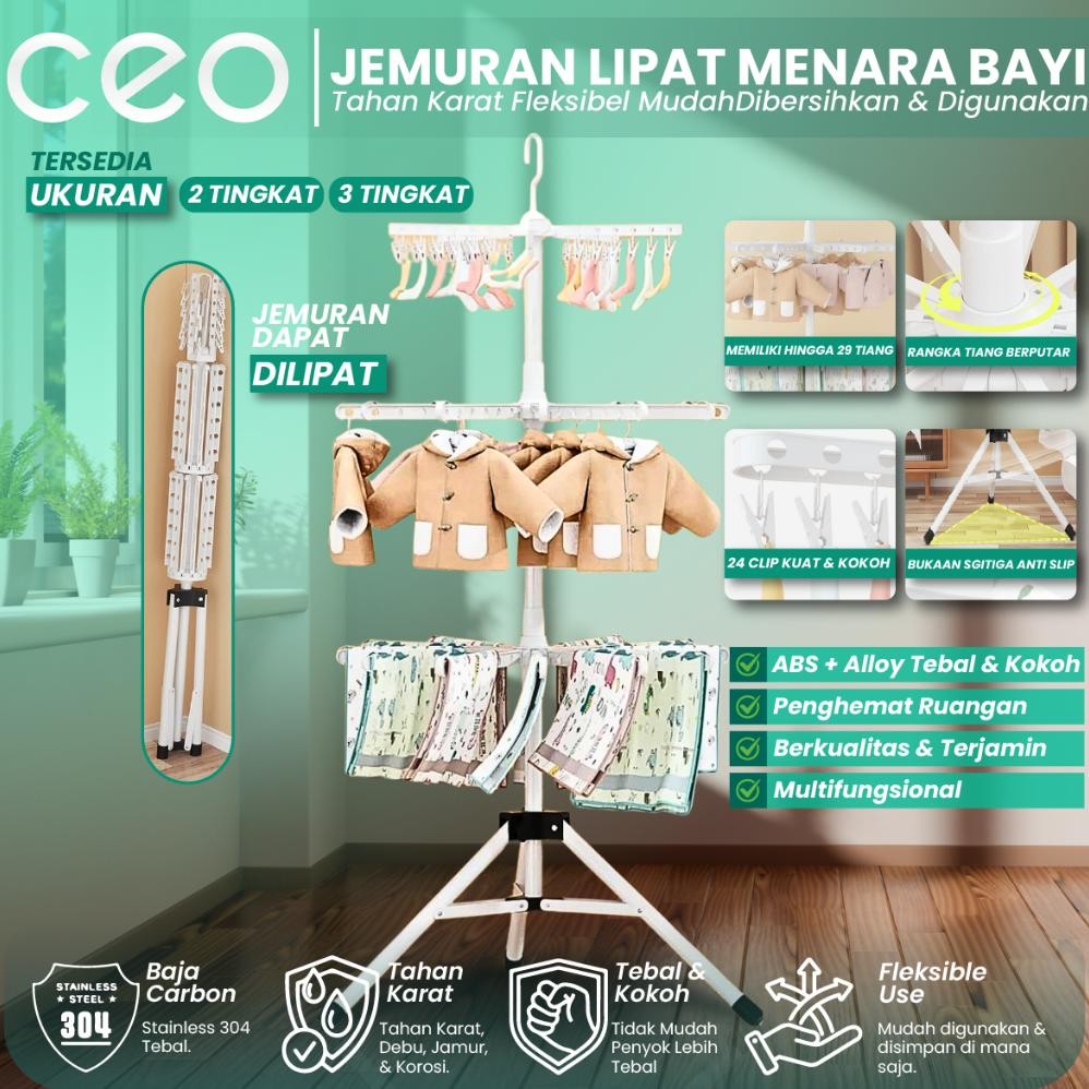 CEO Jemuran Menara Pakaian Portable Baju Bayi 2/3 Tingkat Serbaguna Set Klip Handuk Celana baby