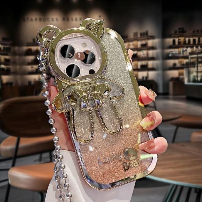 

Iphone16Baru Glitter Bear Flip Lens Stand Protection Case for iPhone 16 15 14 13 12 11 Pro Max 16 Plus Crossbody Lanyard Plating Cover Aksesoris Ponsel PS