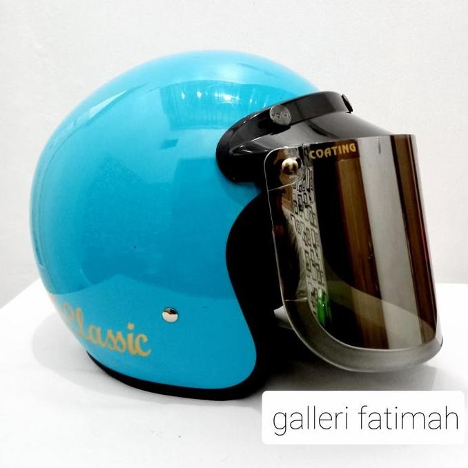Helm bogo classic Ice Blue kaca helm flat cembung bening pet