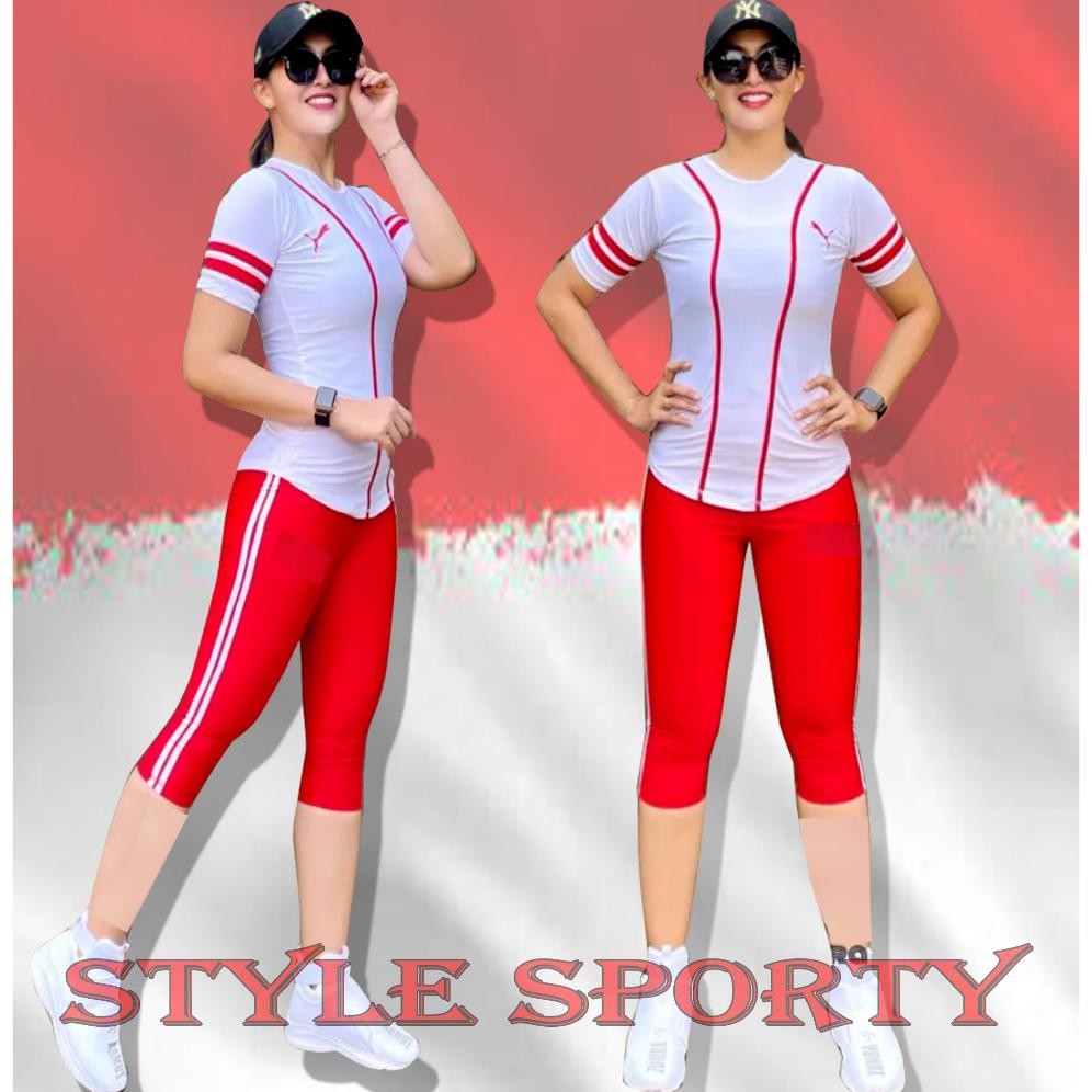 fg-87 TY69 Setelan Senam Merah Putih - Baju Senam Wanita Model Terbaru Hemat Murah