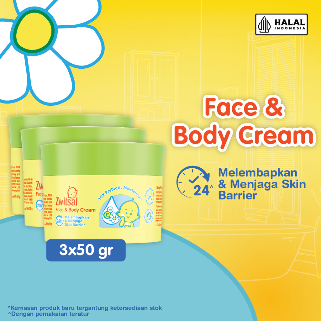ZWITSAL Baby Face and Body Cream - 10X Prebiotic Moisturizer, Chamomile, Vit E 50 gr Triplepack x3