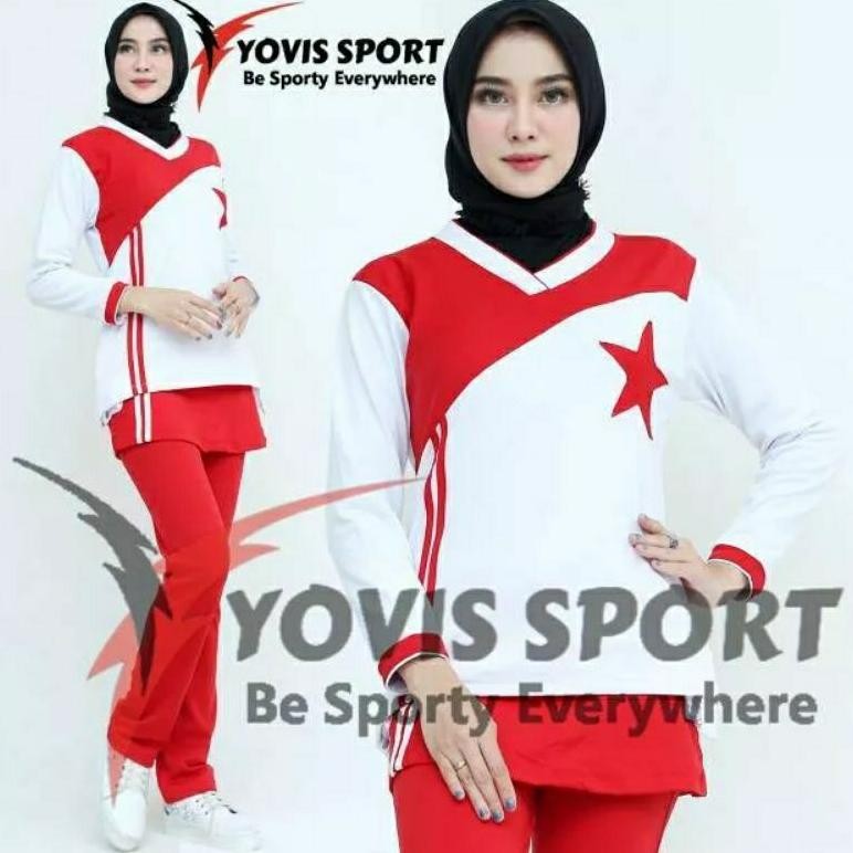 Gd-5 Kt78 Setelan Bintang Senam Wanita Yovis Sport/Baju Merah Putih/Pakaian Olahraga Muslimah. Premi