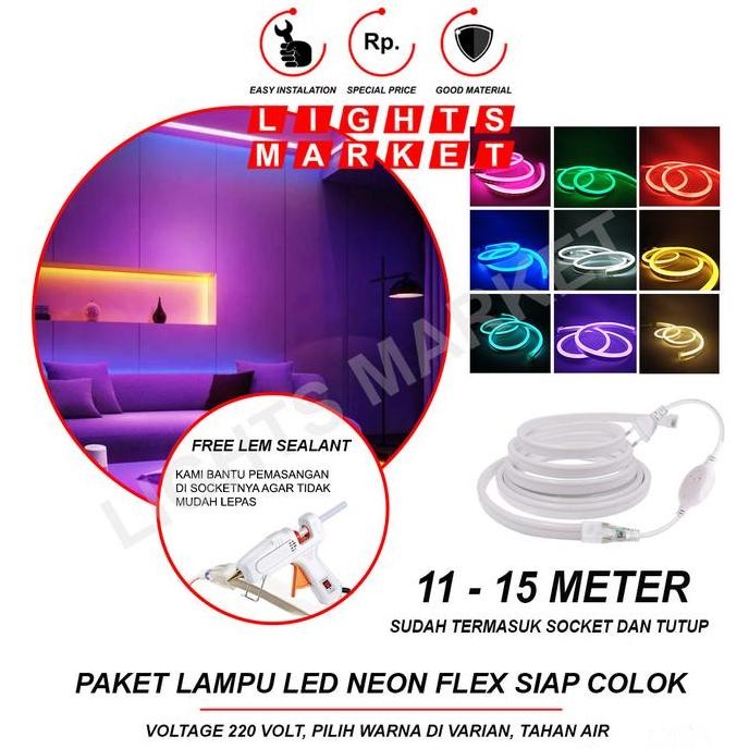 Paket Neon Flex Selang Lampu LED Strip Hias Fleksibel 11 - 15 Meter