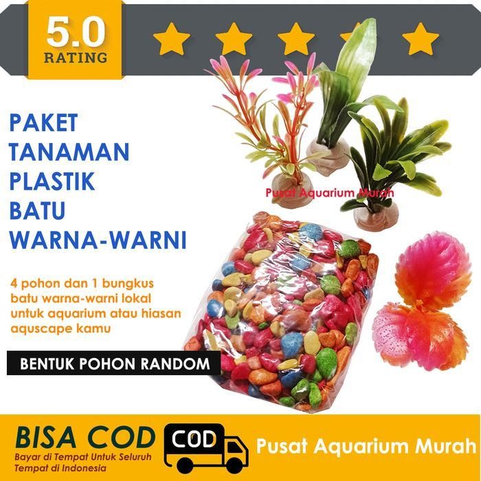 RAS Paket Tanaman Plastik Hiasan Aquarium Batu Warna Warni Taiwan BIru Putih Salju Pancawarna Perlen