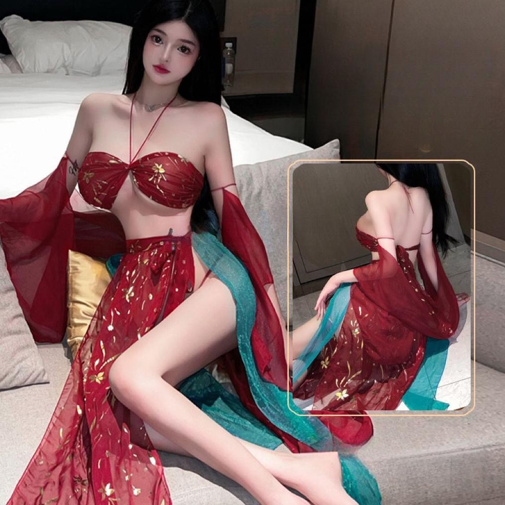 koala69 Setelan Jala Gaya Eksotis Gaun Tidur Gaya Kuno Atasan Tabung Retro Siaran Pakaian Hidup