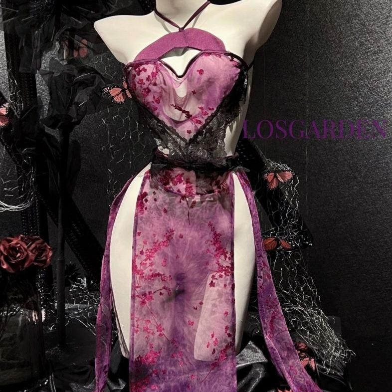 kesayangan69 [Purelove]Set Lingerie Seksi Cheongsam Renda Transparan Ungu