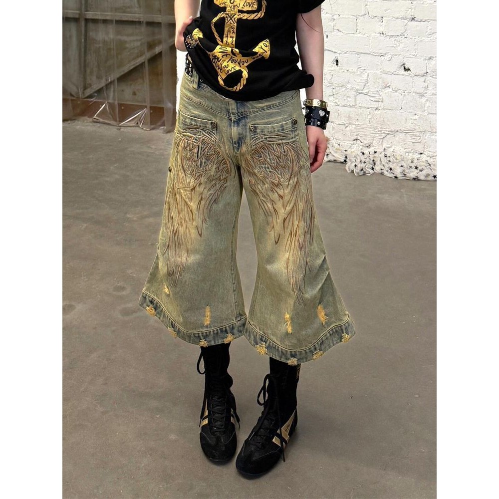 Jeans Bordir Sayap Industri Berat Amerika untuk Wanita, Celana Pendek Distressed dan Dicelup