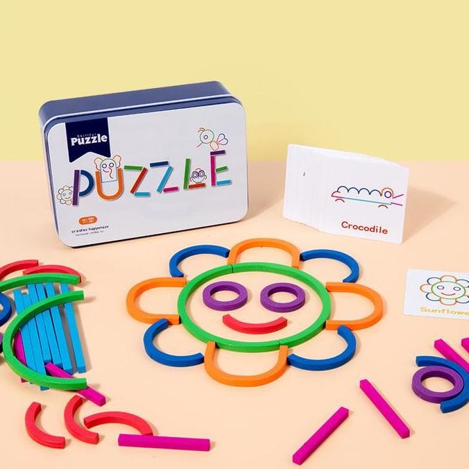 Mainan Edukasi Anak Menyusun Bentuk dari Stik dan Cincin kayu warna warni