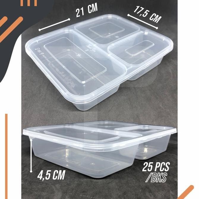 Tray Mika Thinwall Bento Sekat 3 PP Bening isi @25 set + Tutup
