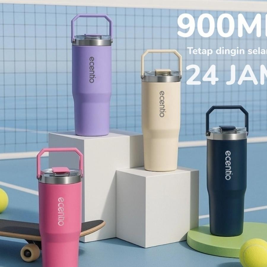 Ecentio Blue Tumbler Minum Double Layer Stainless 900Ml Botol Air Aesthetic Besar
