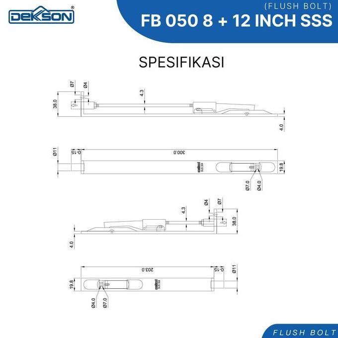 Dekkson Grendel Pintu Flush Bolt Fb 050 8 Inch 12 Inc Silver Hitam