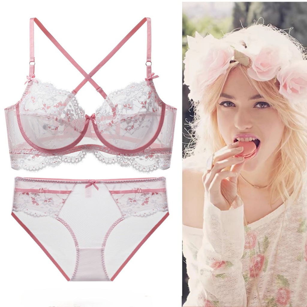 [Yunrouju]Set bra pakaian dalam seksi transparan bebas spons renda dada besar ultra-tipis