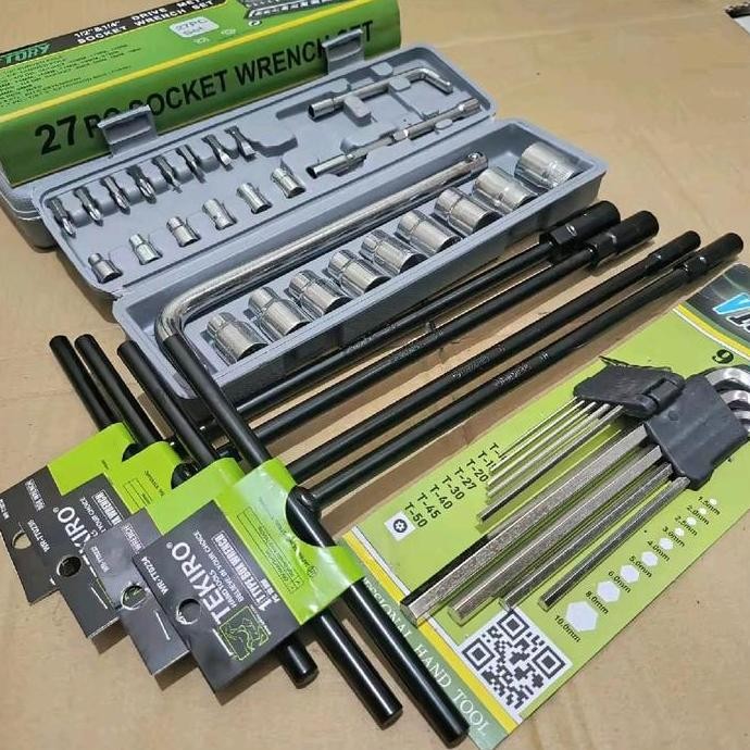 PAKET 3 SET  Kunci Pas / Shock / Sok 27 Pcs + Kunci T TEKIRO 8-10-12-14 mm + Kunci L Set 9 Pcs ( BAY