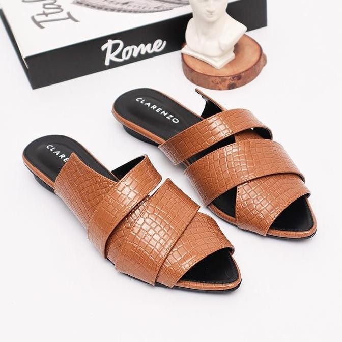 DB43>> - Cleo Croco Slide Sandals Flat Sandal Wanita Motif Croco - JD12