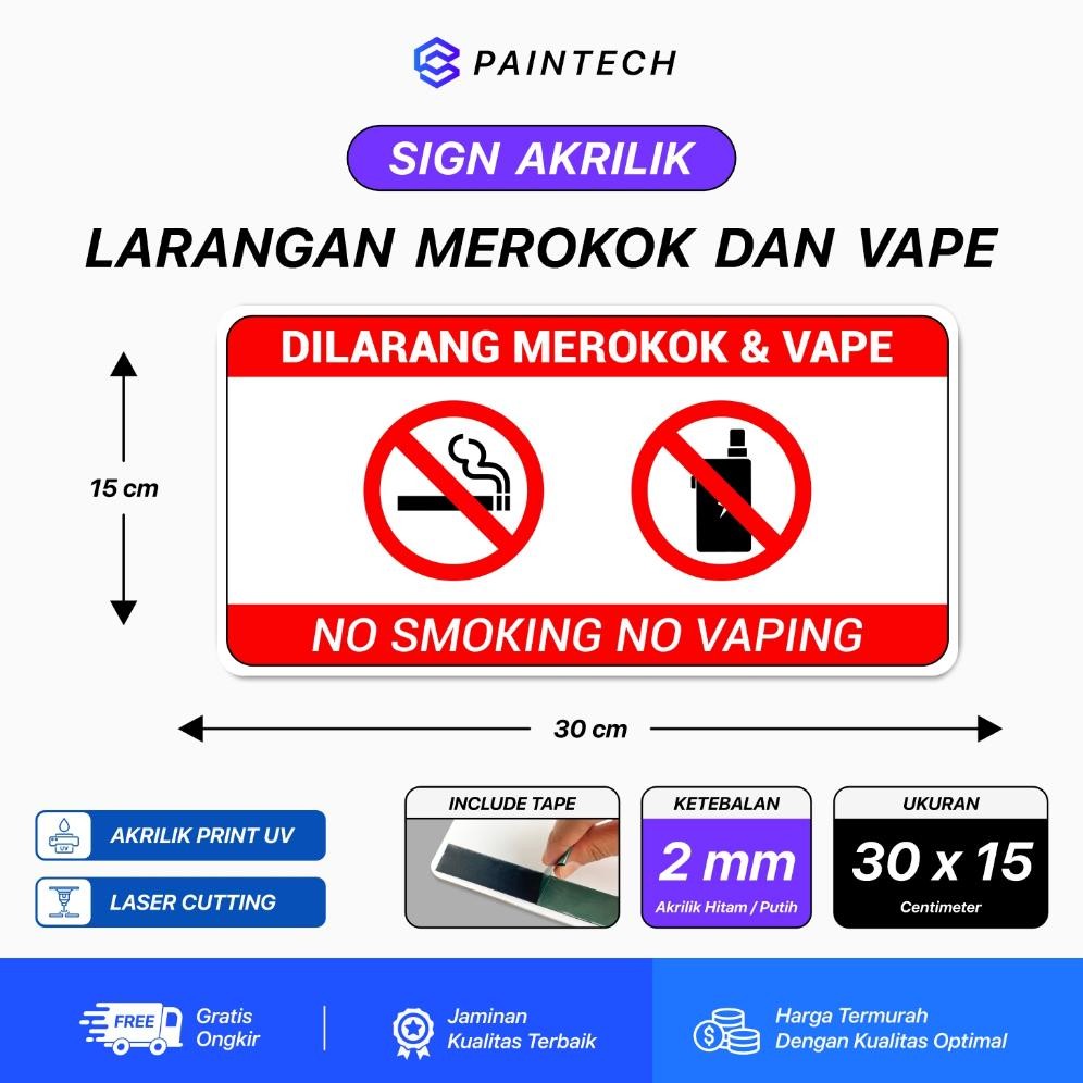 Signboard Akrilik Larangan Merokok Dan Vape Signage Dilarang Merokok Ukuran 30 X 15 aSt