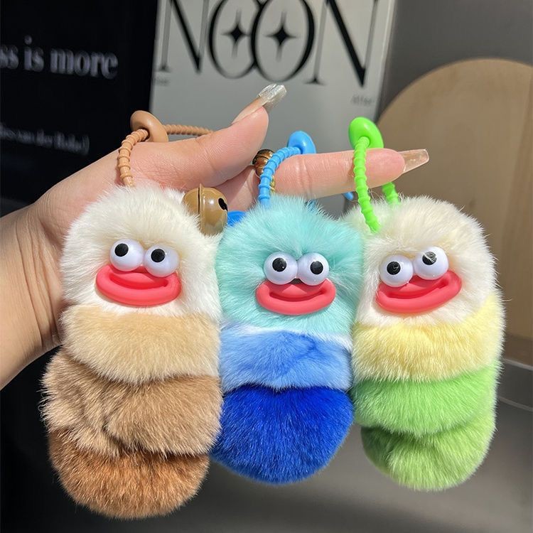 Gantungan Kunci Boneka Plush Tas Gantungan Mobil Ulat Bulu Kelinci Rex Asli Ornamen Gantung Lucu Jel