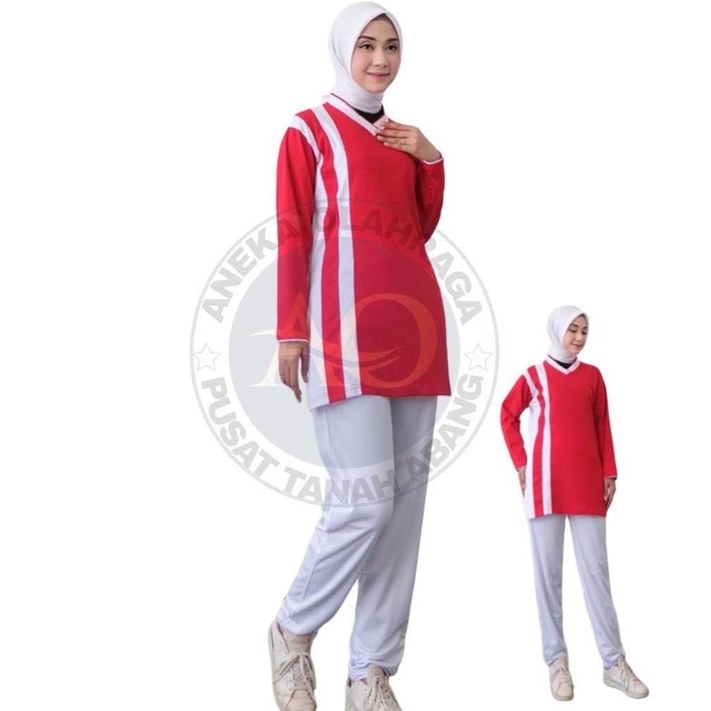 Racun Shopee Gjk-25 Setelan Olahraga Muslimah Wanita Warna Merah Putih Baju Lengan Panjang & Rok Spo