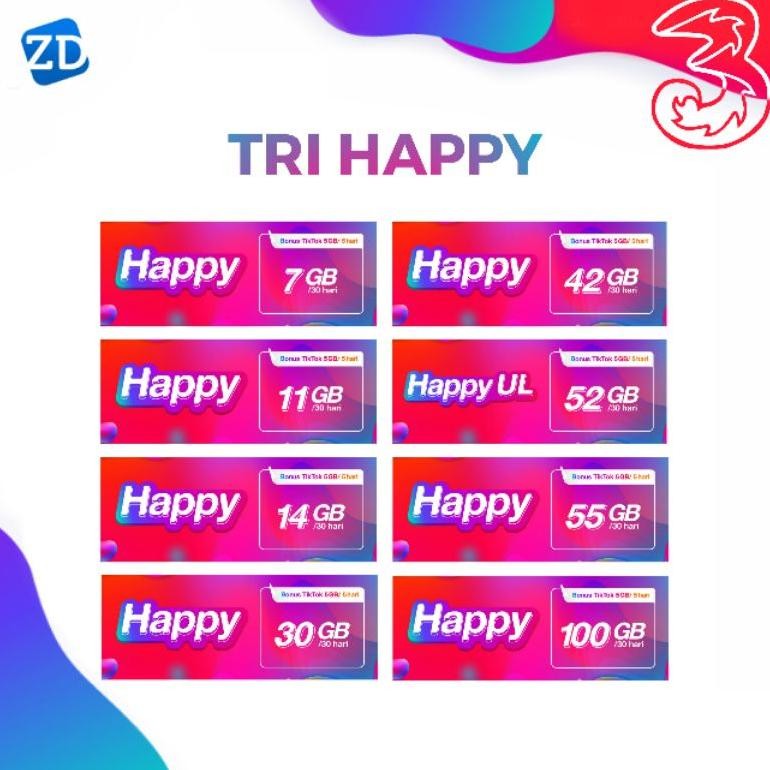 Paket Data Tri Happy 100Gb 55Gb 42Gb 30Gb 18Gb Full Kuota Utama 24 Jam