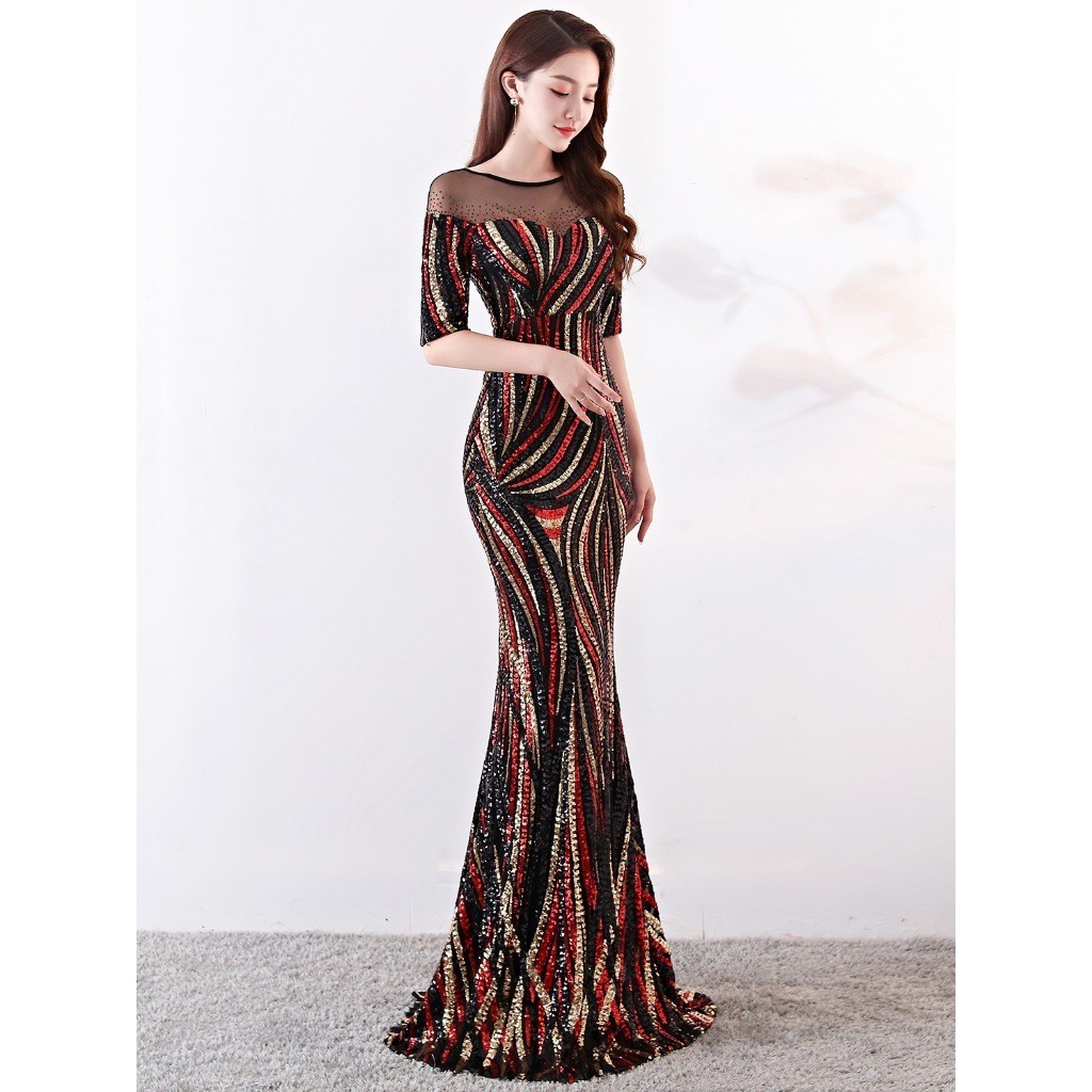 1372 # Gaun Panjang Pertemuan Tahunan Tuan Rumah Makan Malam Ramping Sosialita Cocok Warna Bergaris 