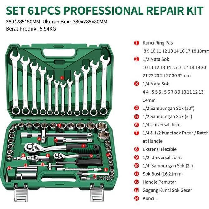 Isku61/82 Pcs Kunci Sok Set Kunci Pas Soket Set Alat Mobil Set Kotak Alat Kunci Pas Torsi Kualitas T