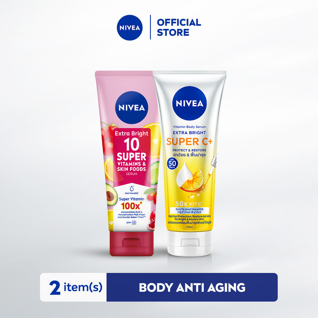 Anti Aging Bundle - NIVEA Body Serum Extra Bright Super C+ SPF 50+ PA+++ 170ml & 10 Super Vitamins A