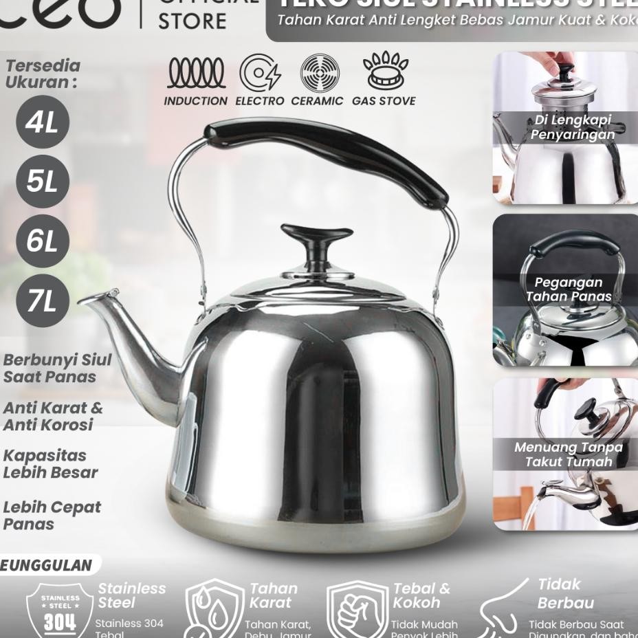 Ceo Teko Masak Air Berbunyi Siul Stainless Steel 304 Ceret Pemanas Anti Karat Whistling Kettle